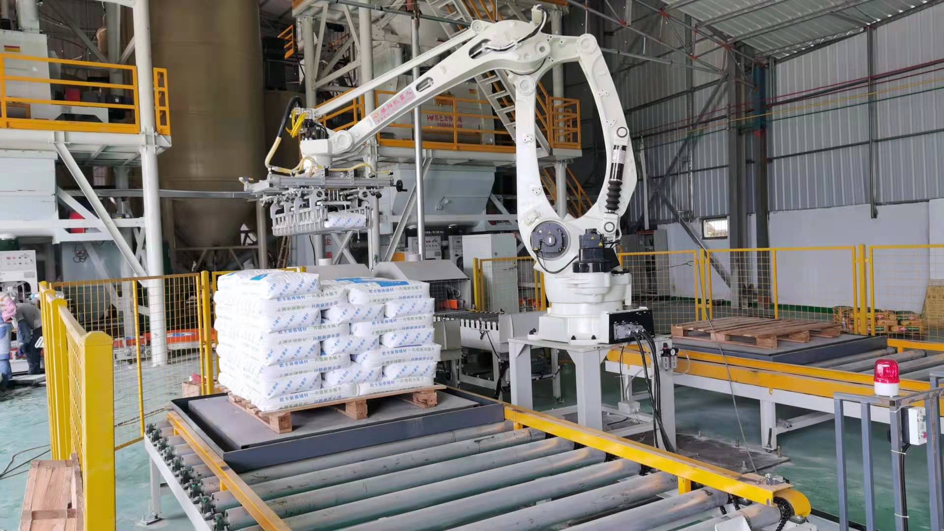 工業(yè)鹽l氯化鈉全自動稱重包裝機碼垛機器人，自動化生產(chǎn)線